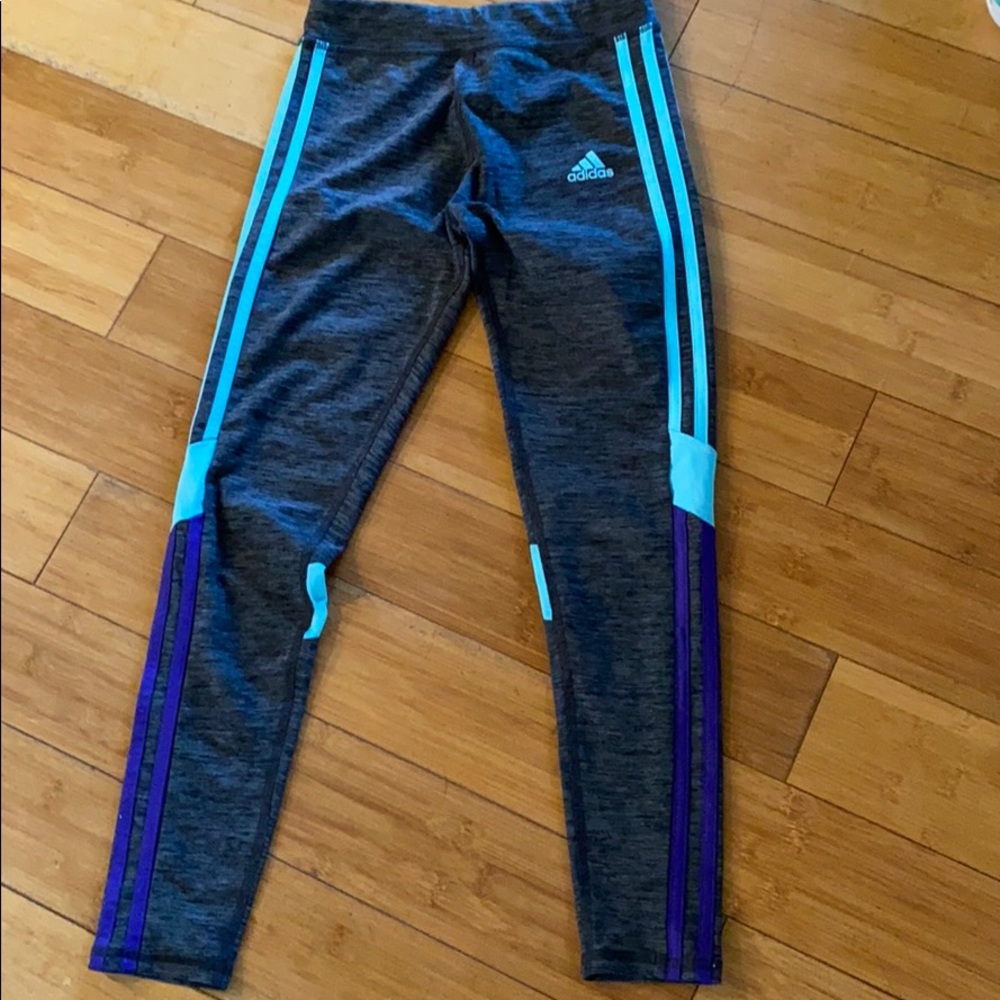 Adidas gray leggings with purple and blue stripes